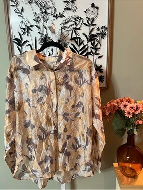 NWT Martha Stewart Collection Neutral Floral Semi Sheer Button Down Blouse Large